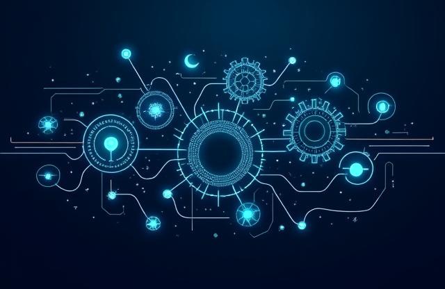 Grafika, ami a folyamatos tanulást jelképezi a FinTech szektorban, összekapcsolódó fogaskerekekkel és adatfolyamokkal